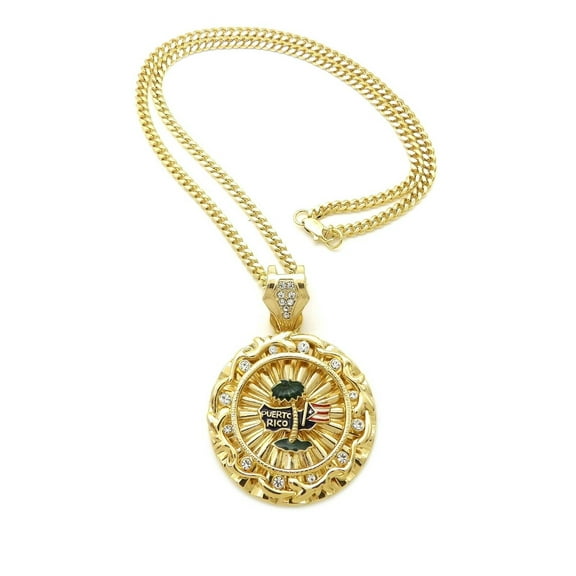 Puerto Rico Medal Gold Plated Pendant & 6mm 24" Cuban Chain Hip Hop Necklace