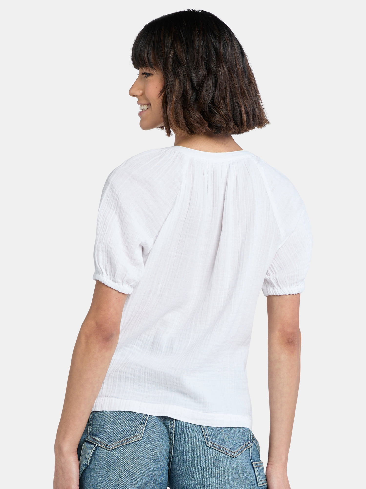 Time and Tru Women's Double Cloth Cotton Top with Short Sleeves, Sizes XS-XXXL