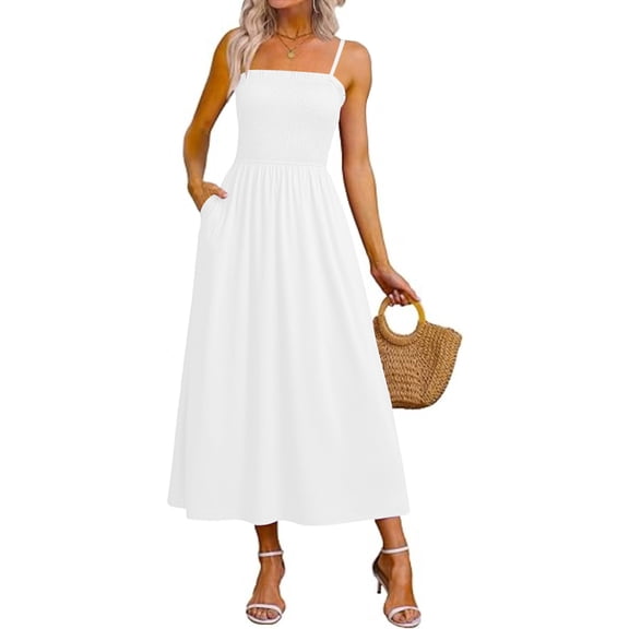 Sahpxhe Pretty Beach Dresses for Women Spaghetti Strap Backless Square Neck Smocked Midi Dress Casual Flowy Vacation Sundress White S