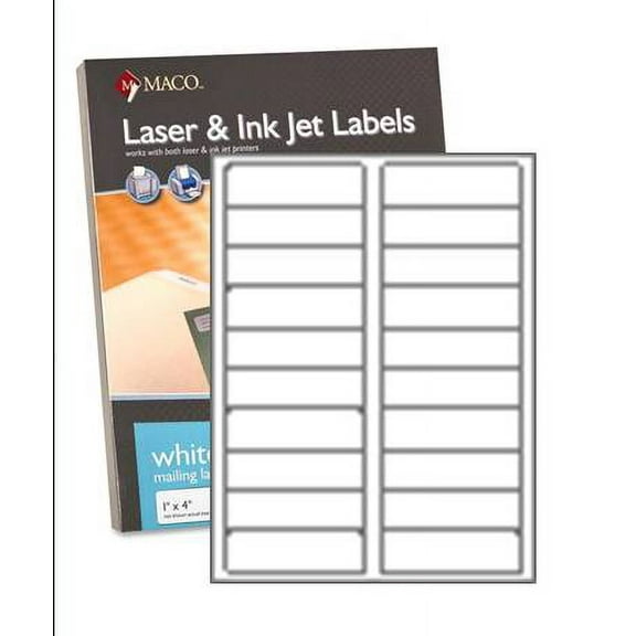 MACO Laser/Ink Jet White Address Labels, 1" x 4", 20 per Sheet (ML-2000B) - Box of 5,000 Labels