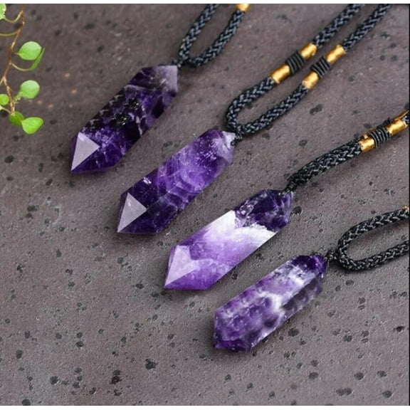 Natural Amethyst Crystal Hexagon Point Pendant Necklace Purple Gemstone Charm