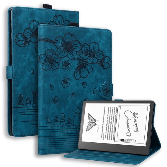 FJLBDE Case for Kindle Scribe 10.2 inch 2022 and 2024 with Stand, Card Slot, Auto Wake/Sleep, Embossed Cat PU Leather Cover, Blue