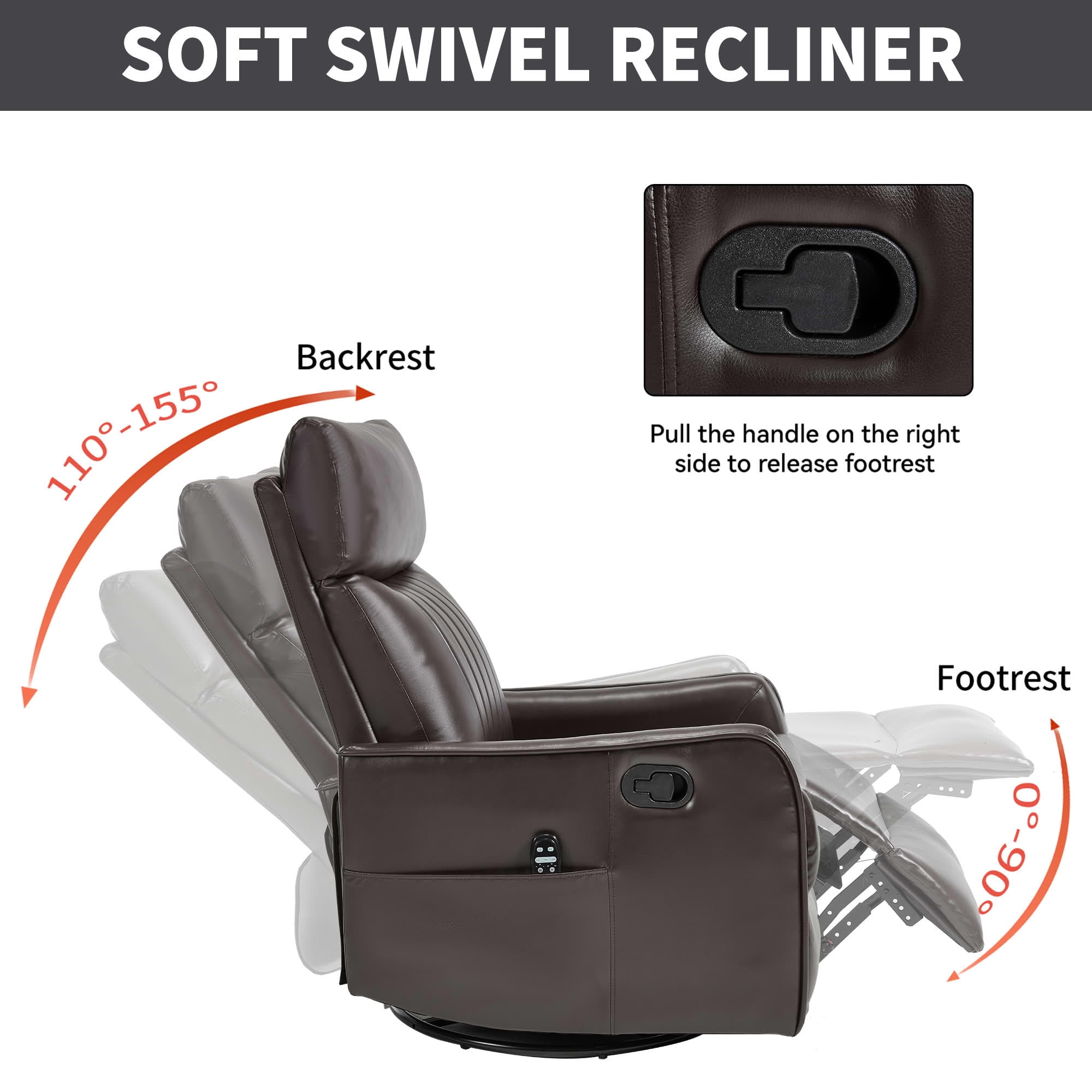 MAYEERTY 360° Swivel Rocker 155° Recline Faux Leather Heat Massage Recliner Chair for Living Room, Black