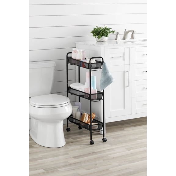 Mainstays Slim 3-Tier Rolling Bathroom Storage Cart with Hooks, Black