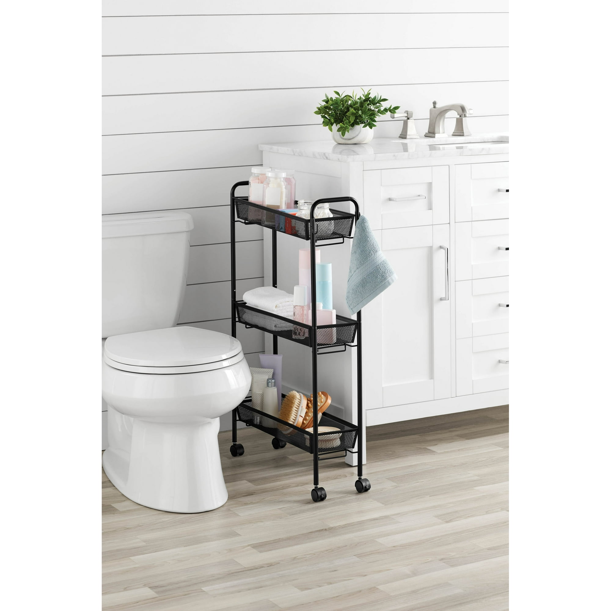 Mainstays Slim Bathroom Cart, 3-Tier Rolling Organizer with Hooks, Black