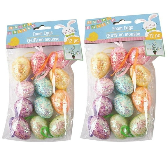 Easter Glittery Egg Ornaments with Loops Multi-Color Glitter Mini-Eggs Foam Perfect for Easter Basket and Decorations 12ct./Pack-Set of 2