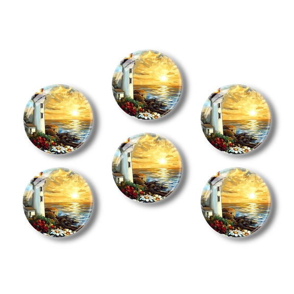 Glass Refrigerator Magnet 6Pcs Magnetic Fridge Sticker,Decor for Kitchen,Whiteboard,Cabinet,Beautiful White Lighthouse With Flowers In The Foreground