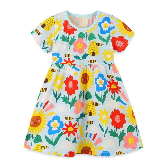 Xuewenshw Robe d'Été pour Filles Tout-Petits Vêtements Décontractés Imprimé Dessin Animé Manches Courtes Robes Filles Robe à Volants pour Filles