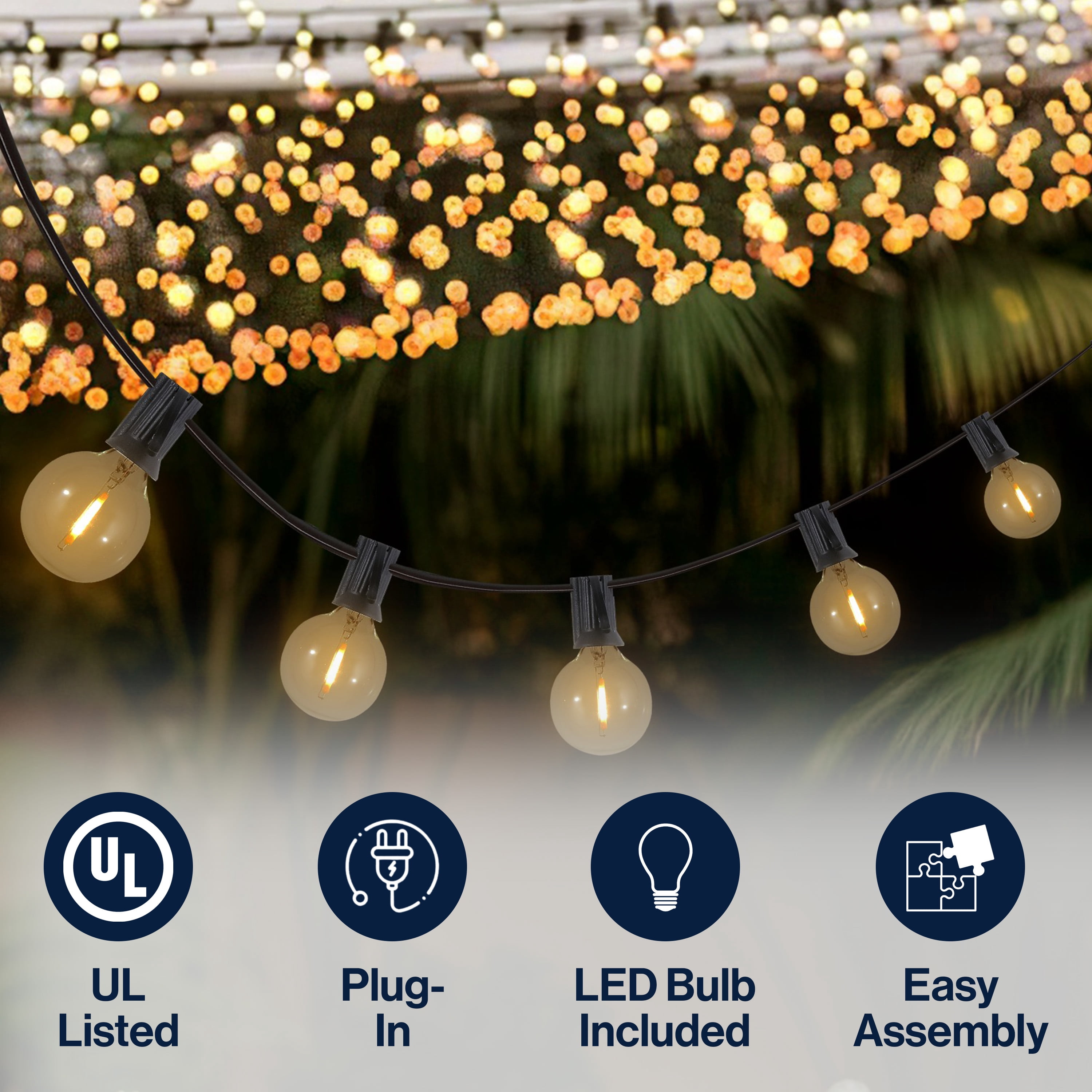 JONATHAN Y 25-Light Indoor/Outdoor 25 ft. Contemporary Rustic Incandescent G40 Bistro Globe Bulb String Lights, Black (Set of 2)