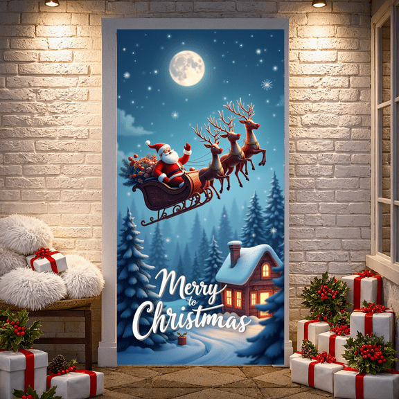 Festive Design Christmas Banner Santa Sleigh Reindeer Moonlight Snowy Backdrop for Holiday Party Home Decoration Winter Wonderland