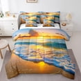 thumbnail image 1 of Beach Comforter Set - 7 Pieces Coastal Bedding Sets Full Bed In A Bag With Reversible Natural Landscape Comforter, Sea Wave Setting Sun Sheets For Kids Boys Teen Bedroom Decor, Blue Gold Pillowcases, 1 of 1