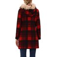 thumbnail image 3 of MODA NOVA Juniors Long Sleeves Detachable Faux Fur Trim Plaid Overcoat with Hood Red Black XS, 3 of 6