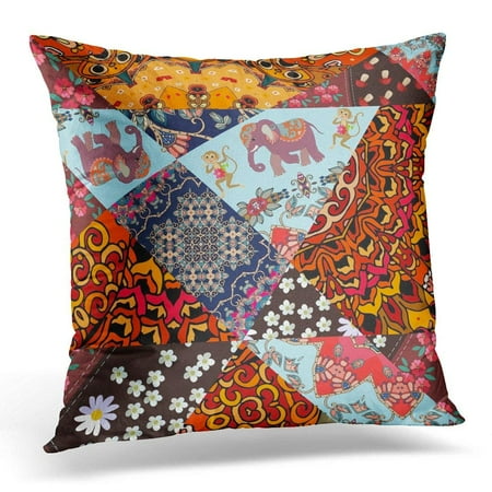 - ARHOME Arabic Festive Patchwork From Bright Patches with Cute Animals Flower Mandala and Abstract Tracery Batik Pillow Case Cushion Cover 16x16 Inches