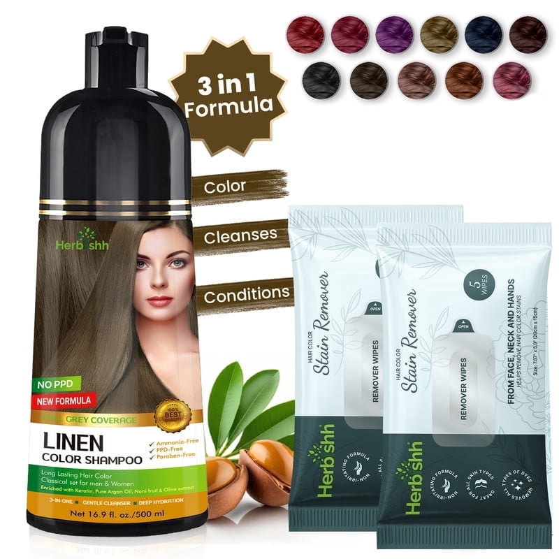 (2 pack) Herbishh Linen Hair Color Shampoo for Gray Hair with Pack 2 Hair colour stain remover, Hair Dye Shampoo 3 in 1, 100% Gray Coverage, Permanent Hair Color for Men & Women, Ammonia-free, 500 ml