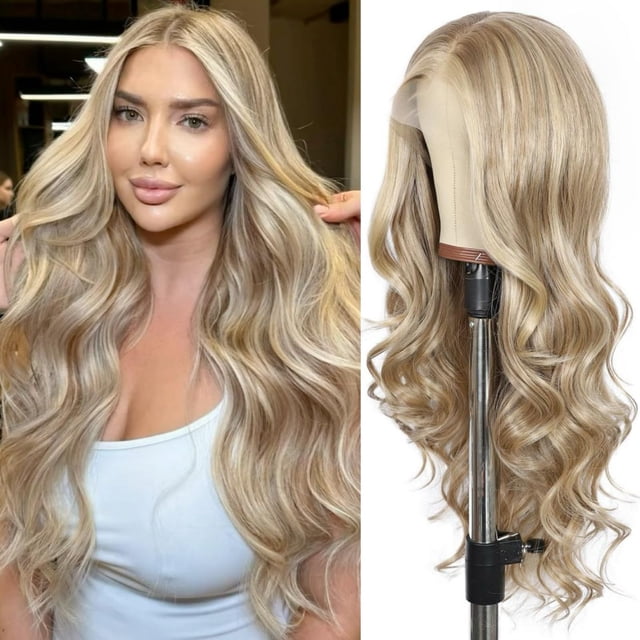 Peluca sintética con encaje frontal SAPPHIREWIGS, rubio ceniza, 66 cm de largo