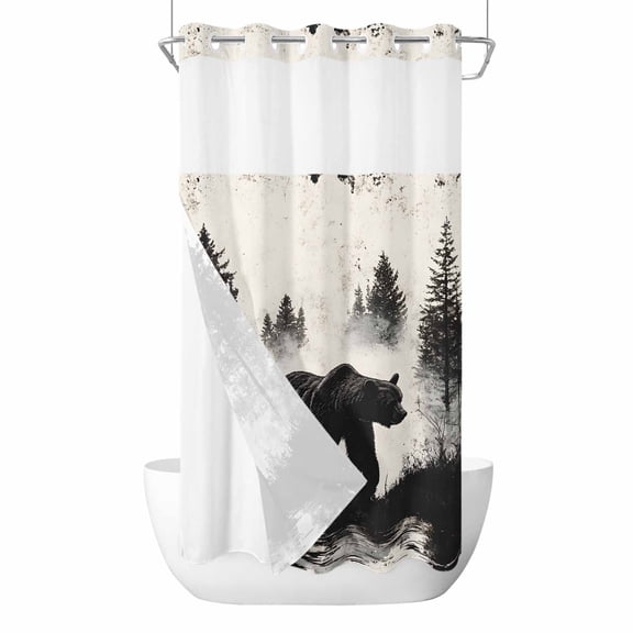 Black Bear No Hook Shower Curtain Waterproof, Bathroom Curtains with Snap in Liners and See Through Top Window, Farmhouse Forest Animals Vintage Hotel Style Bathtub Curtains Shower 36"Wx78"L