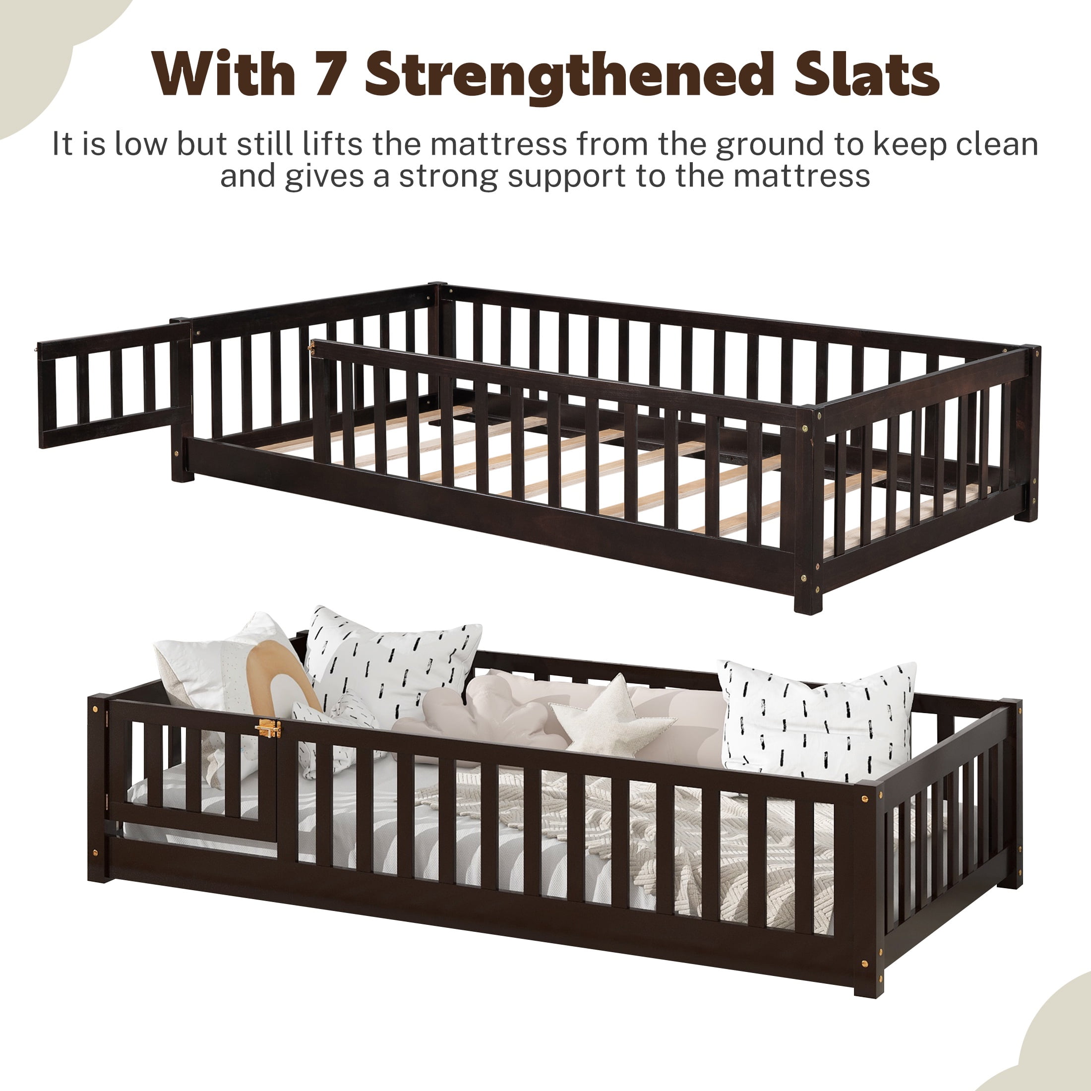 PAPROOS Twin Size Floor Bed, Solid Wood Toddler Bed with Slat, Fence Guardrail and Door, No Box Spri(图5) PAPROOS Twin Size Floor Bed, Solid Wood Toddler Bed with Slat, Fence Guardrail and Door, No Box Spri(图5)