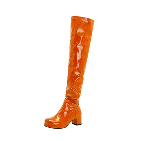 

Fesfesfes Womens Fall Boots Foreign Trade Candy Color Patent Synthetic Ladies Back Zipper Thick Heel Round Toe Over-the-knee US:8.5(41)
