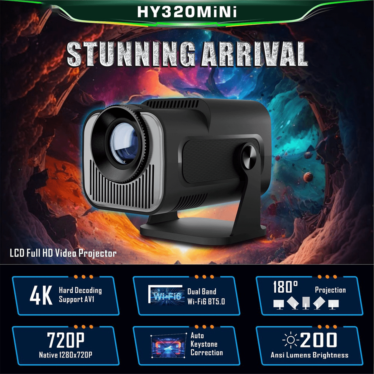 HY320 Mini Native 720P Android 11 Projector 200ANSI Wifi6 BT5.0 Cinema Outdoor Portable 180° Rotable Projector,US Plug