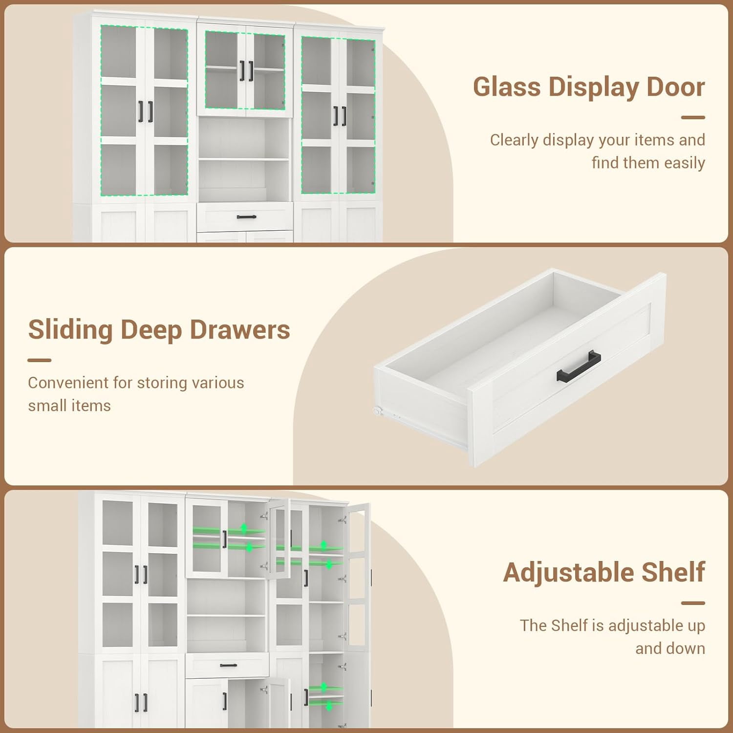 Homieasy 79.7'' Tall Pantry Cabinet 3-Piece Set - 70.8'' Width Kitchen Hutch Cabinet with Drawer and Adjustable Shelves, Suitable for Dining/Kitchen/Living Room, Off-White