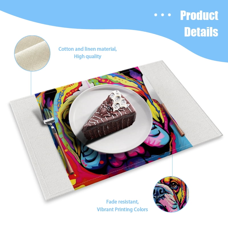BaHomeck placemats Set of 4 Colorful Cute Bulldog In Cartoon Style Cotton Linen rectangle Placemats for Kitchen Dining Table Indoor,Outdoor,18*12inch