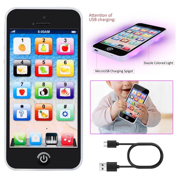 BFVV Kids Learning Play Cell Phone - Mini iPhone Style Educational Toy, 8 Interactive Features w/Lights & Music, Pretend Play & Early Learning Toy for Toddler Baby Boys Girls