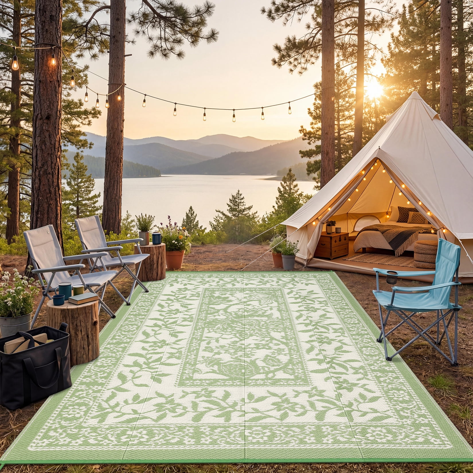Outdoor Rug, Patio Waterproof, Reversible Plastic Straw Camping Rug, Botanical Grove Vintage Cottage core Outdoor Mat for RV, Deck, Picnic, Beach