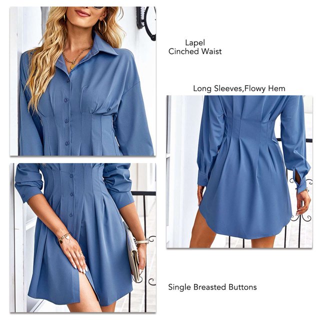 Vestido Camisero Para Mujer, Vestido Camisero Con Solapa, Manga Larga, Tela Suave, Microelasticidad Para Negocios ANGGREK L azul