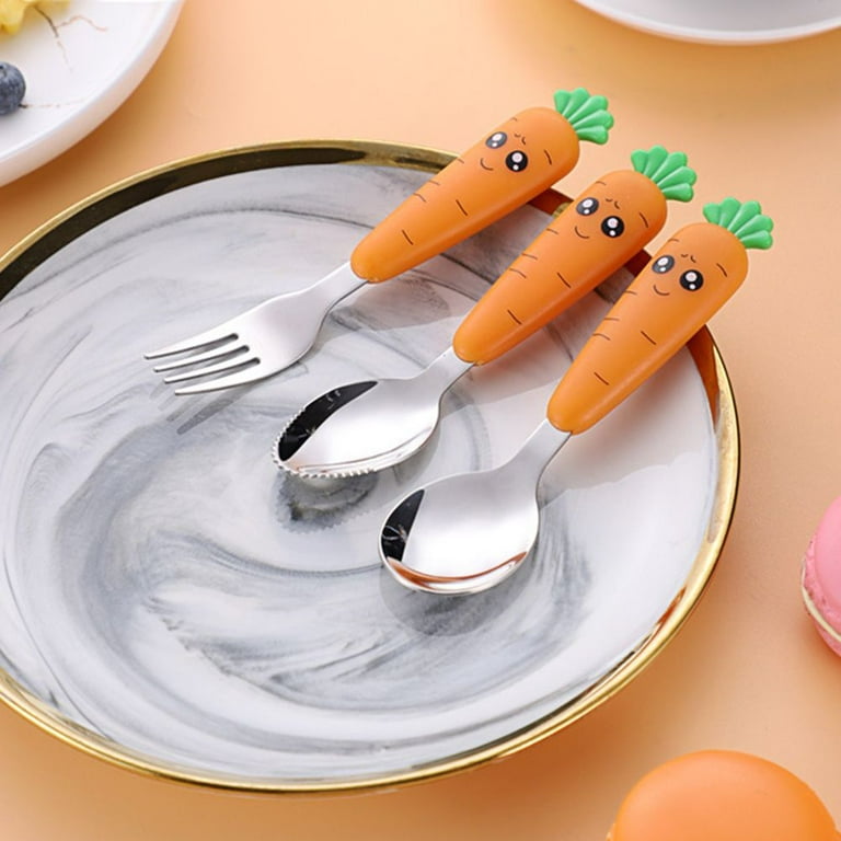 3pcs Portable Cute Cutlery Set Stainless Steel Baby Silverware Self-Feeding  Kids Spoon and Fork with Carrot Shaped Storage Box - AliExpress