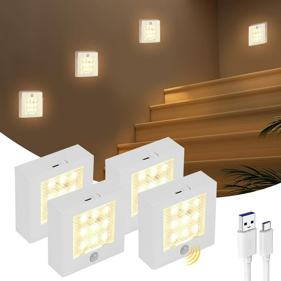 4 Pack Motion Sensor Night Light, Warm White Rechargeable Stair Lights Indoor, Battery Operated Night Light for Hallway, Stairway, Bathroom, Bedroom, Kitchen