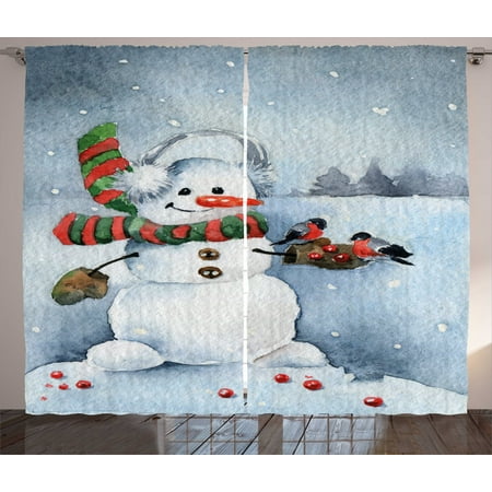 Snowman Curtains 2 Panels Set Watercolor Style Snowfall Outdoors