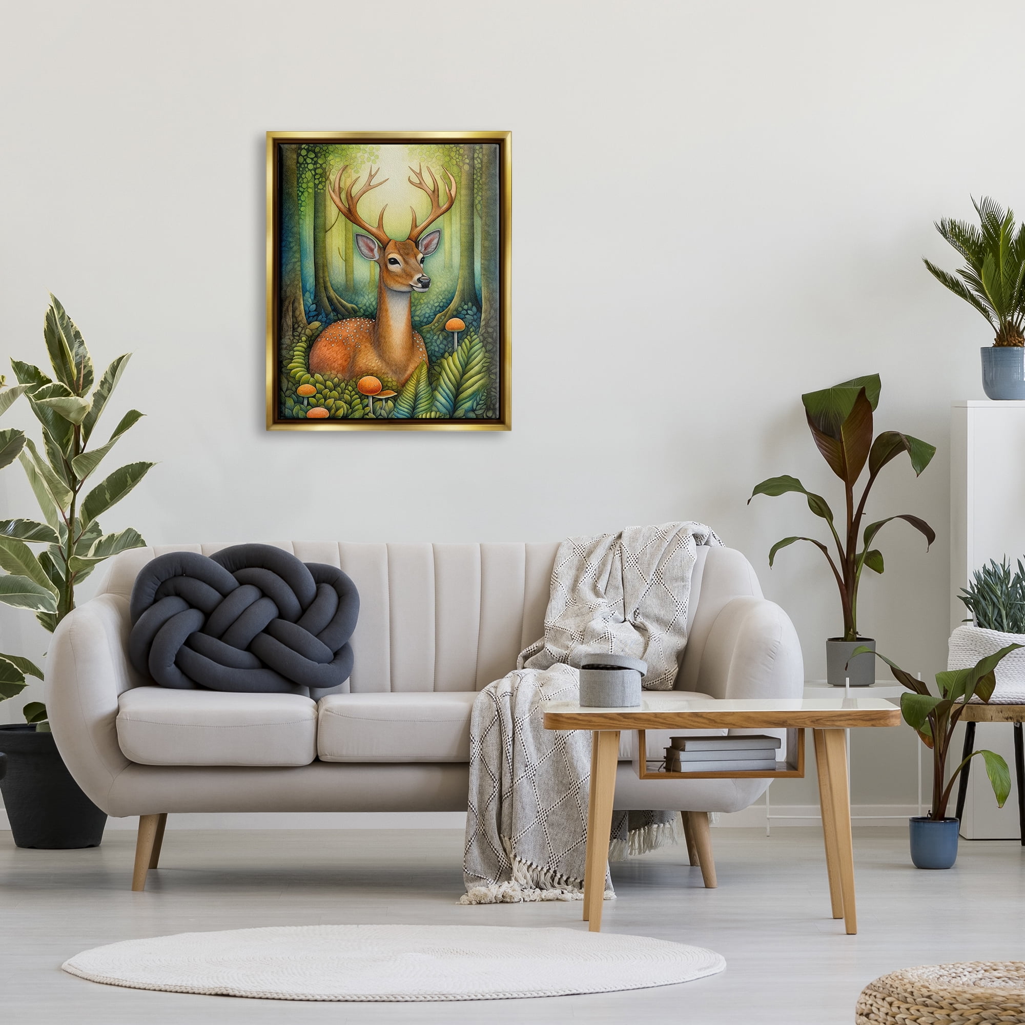 Stupell Industries Deer with Nature Mushrooms Animals & Insects Painting Gold Floater Framed Canvas Art Print Wall Art, 25 x 31