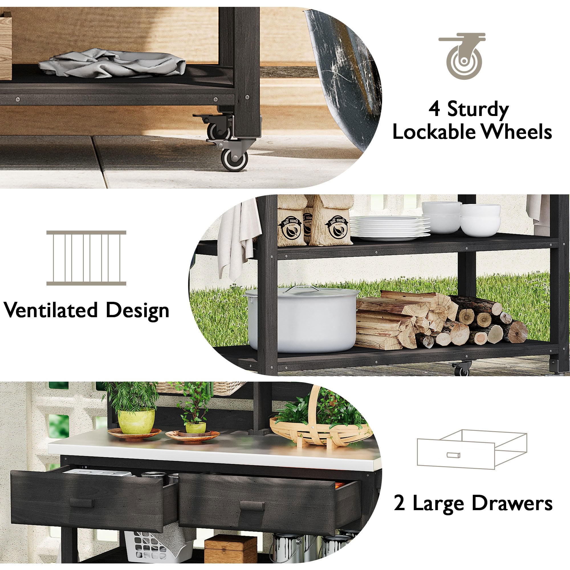 MAYEERTY 65" Tall Outdoor Potting Bench with Lockable Wheels, Wood Outdoor Heavy Duty Workstation for Gardening, Grilling, Patio