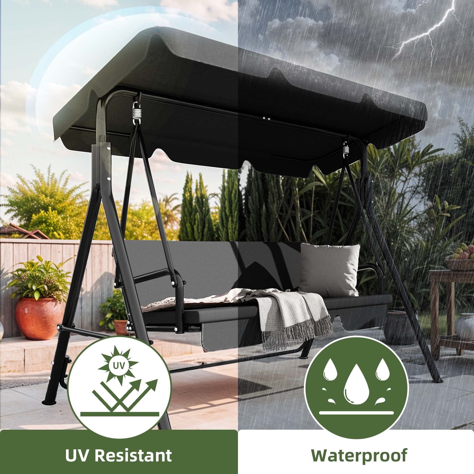 Uforic 3-Seat Outdoor Heavy Duty Patio Swing Chair with Stand & Cushion for Garden, Patio, Deck, Gray