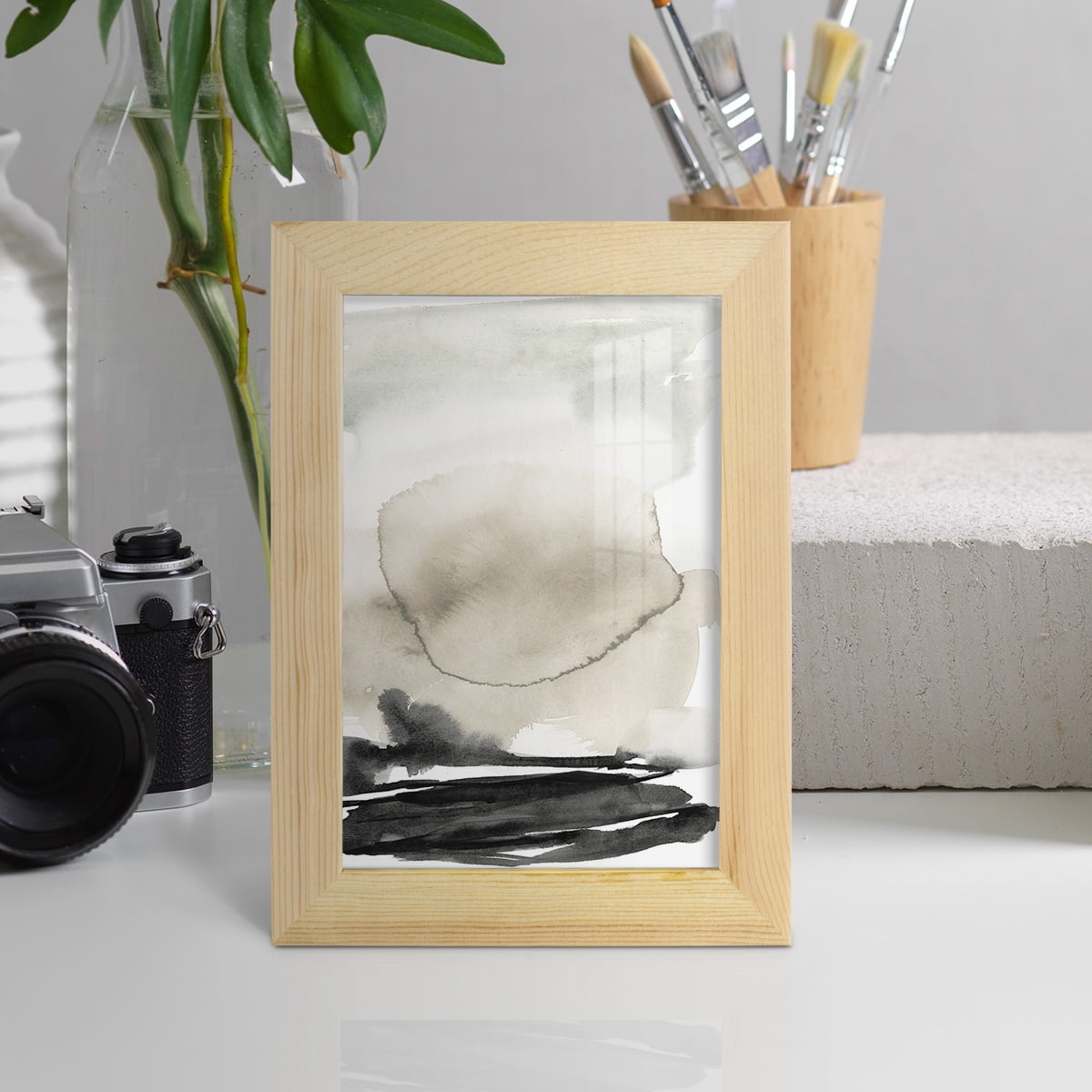 Ebony Horizon Triptych II - Framed Print w/glass - Natural Wood