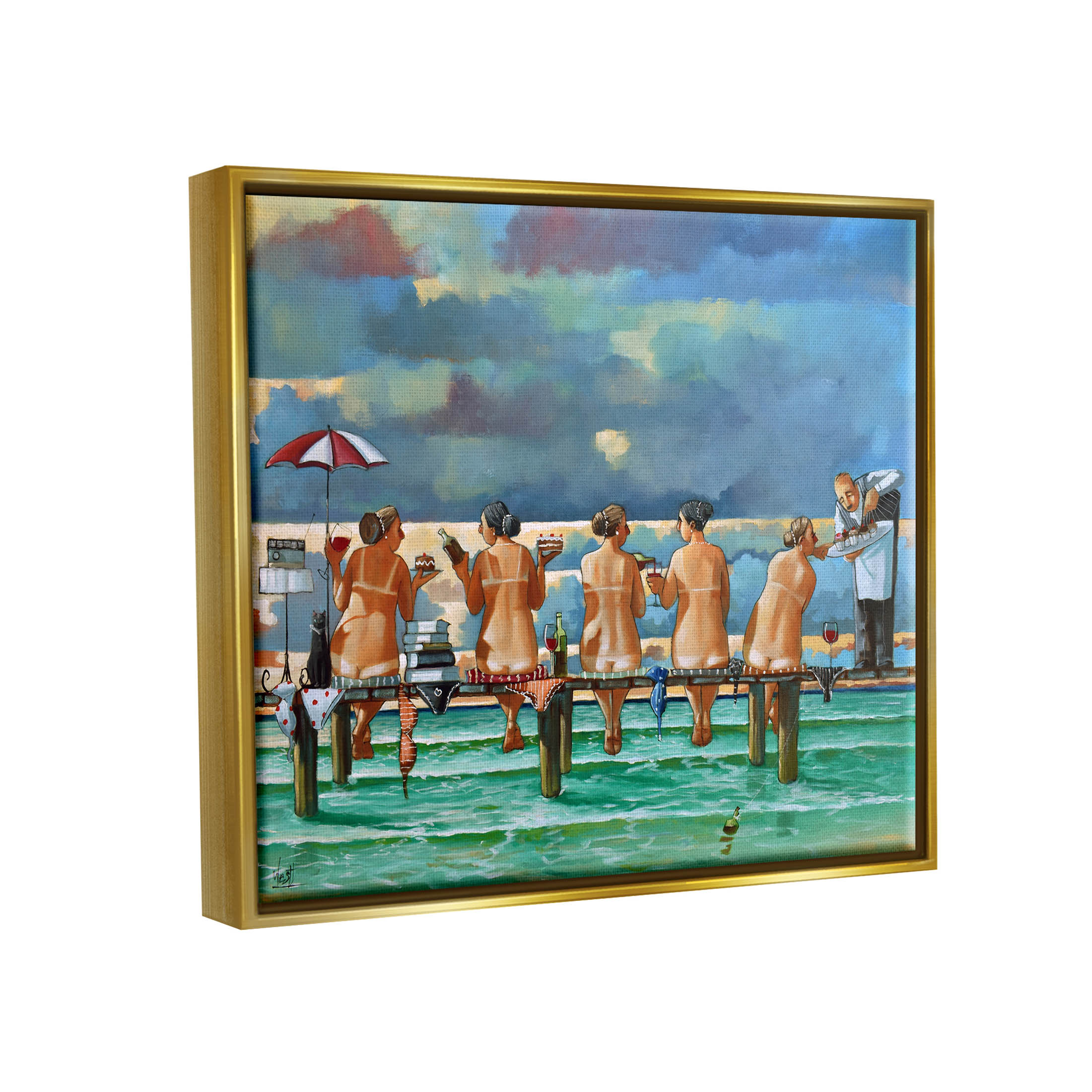 Beach Dock Women Summer Fun Coastal Painting Metallic Gold Framed Art Print Wall Art