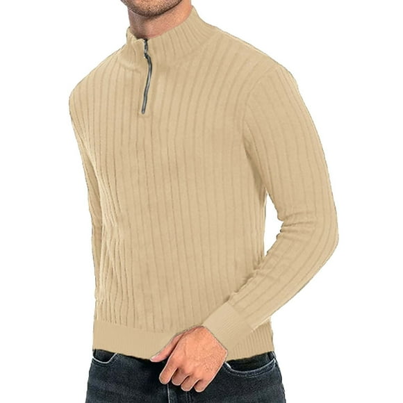 Xysaqa Mens Quarter Zip Up Sweater Lightweight Slim Fitted Knit Pullover Sweaters Long Sleeve Mock Neck Sweater Khaki