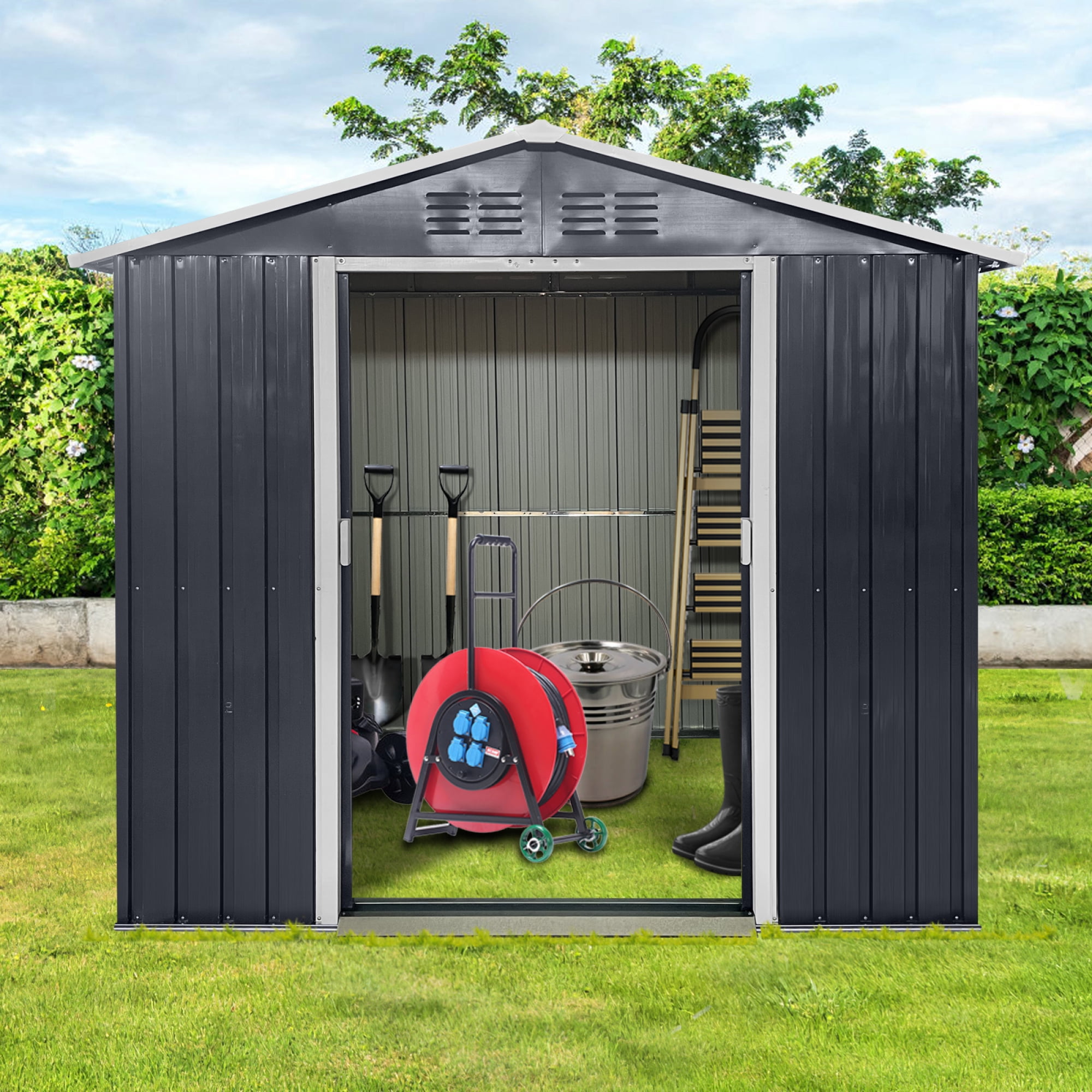Jopath 7ft x 4.3ft Outdoor Storage Shed with Metal Foundation, Heavy Duty Metal Shed Garden Tool Shed with Lockable Door for Backyard, Patio Grey