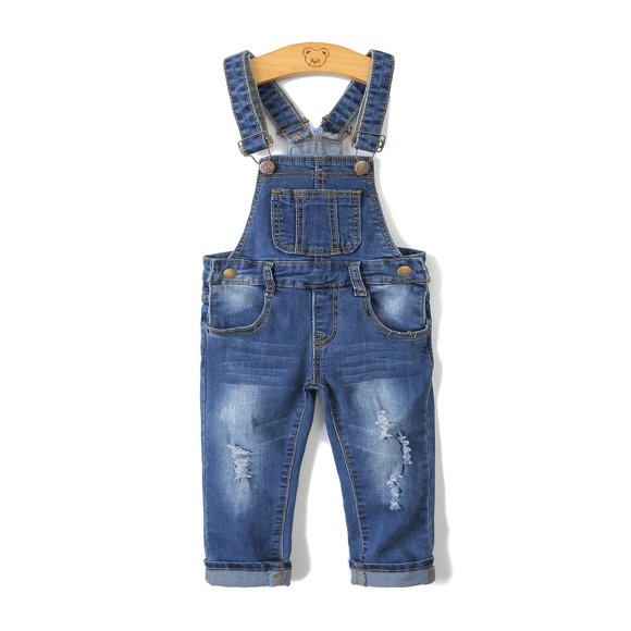 KIDSCOOL SPACE) Salopette en Denim Déchirée pour Petite Fille Ou Petit Garçon, Taille 8T (.