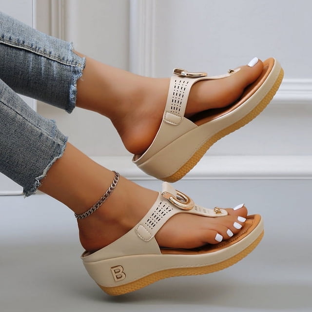 Women's Faux Leather Wedge Slide Sandals, Fashion Letter Detail Flatform Thong Sandals, Women's Footwear