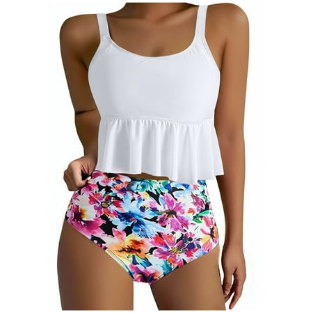 Taqqpue Beach Vacation Swim Suits for Women 2025 Tankini Swimsuits High Waisted Bikini Sets Two Piece Swimsuits Tummy Control Bottun Ruffled Flounce Tops Scoop Neck Cheeky Bathing Suits