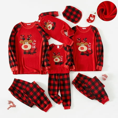 

PatPat Christmas Reindeer Family Matching Pajamas Set 2Piece Letter Plaid Printed Long Sleeve Tee Bottoms Loungewear Xmas Holiday PJs Classic Sleepwear Baby Jumpsuit and Dog Clothes Flame resistant