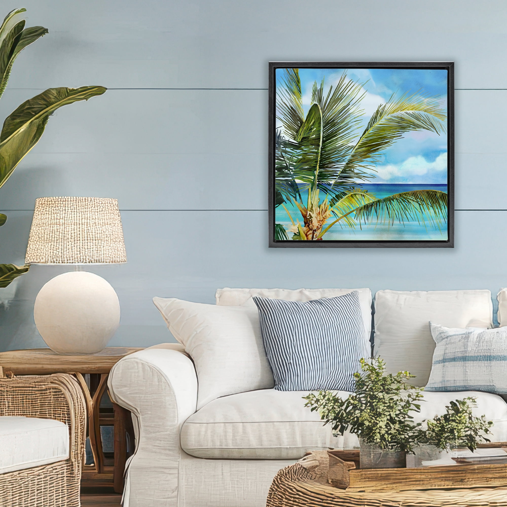Stupell Industries Lush Palm Watercolor View Black Framed Floater Canvas Wall Art, design by Mauro Devereaux