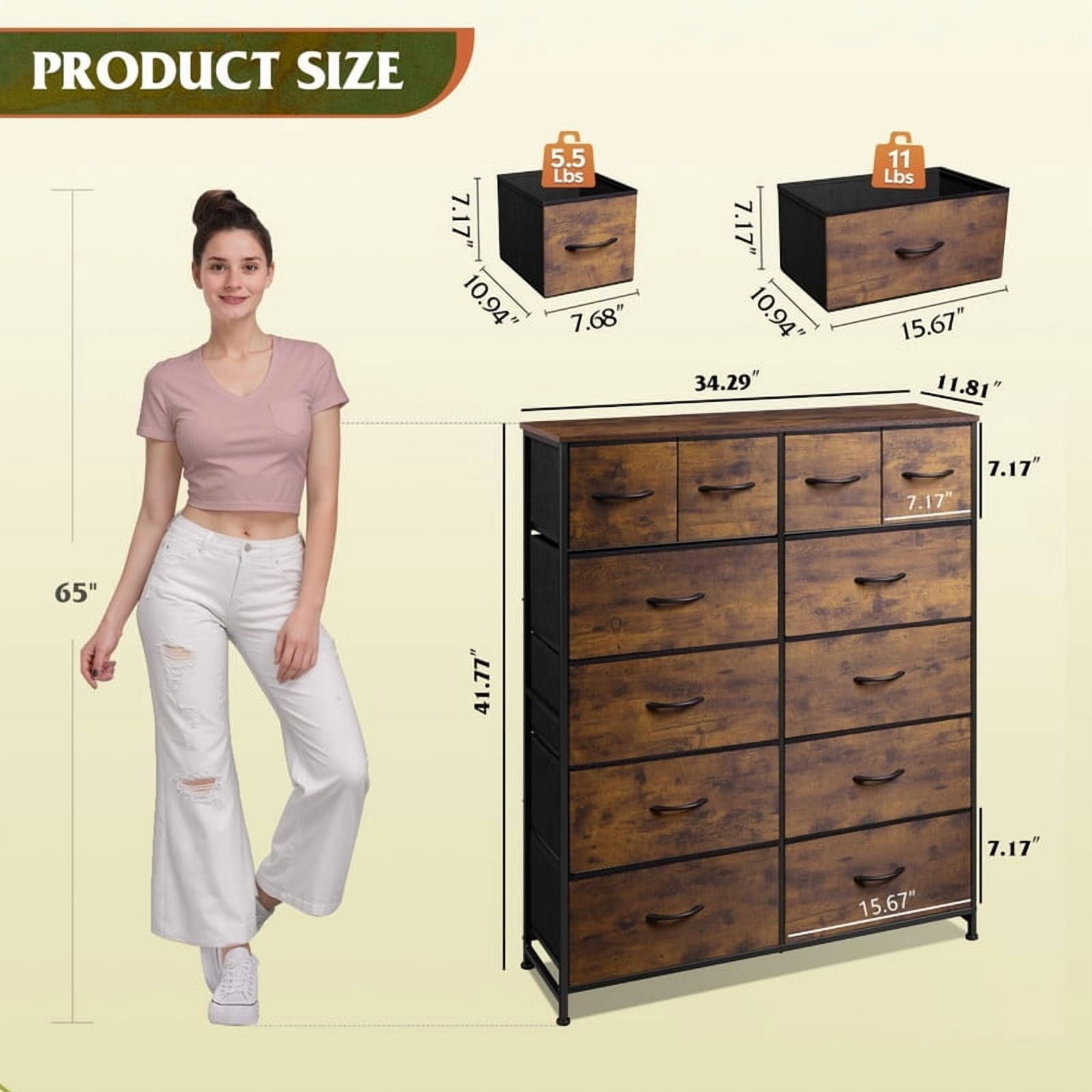 Kelno 12 Drawer Fabric Dresser Storage Tower Sturdy Steel Frame Wood Top Organizer, Rustic Brown