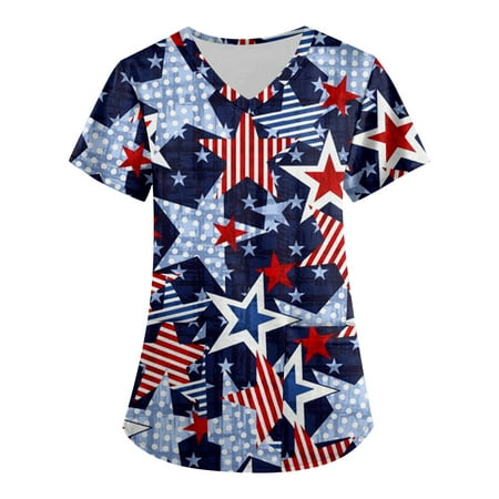 

Sksloeg Women s Plus Size Scrub Tops Comfortable 4th Of July American Flag Print Patriotic Tops Nursing Working Uniform Short Sleeve V-Neck T-Shirts with Pockets Blue XXXXXL