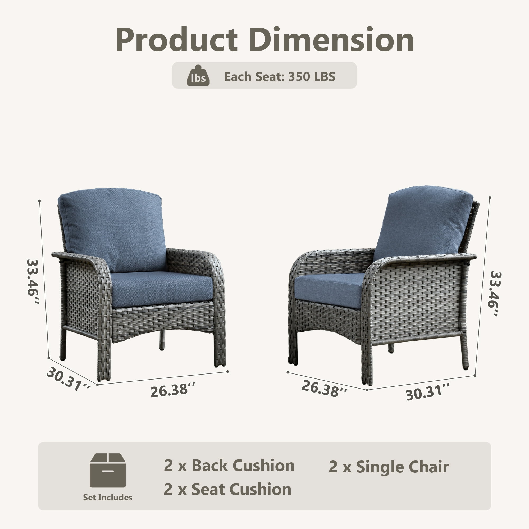 Toject 2 Pieces Patio Furniture Set, All-Weather Wicker High Back Outdoor Chairs, Rattan Patio Conversation Set with Cushions for Backyard, Porch, Garden (Denim Blue)