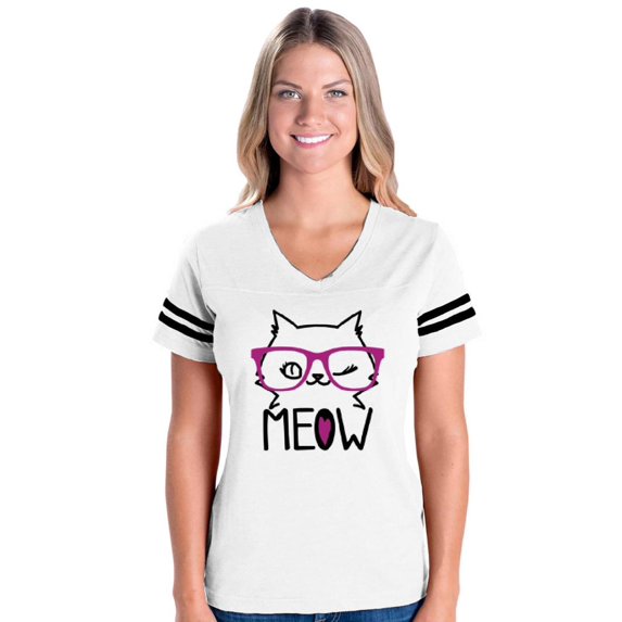 Womens Meow Cute Cat Kitty Football V-Neck T-Shirt
