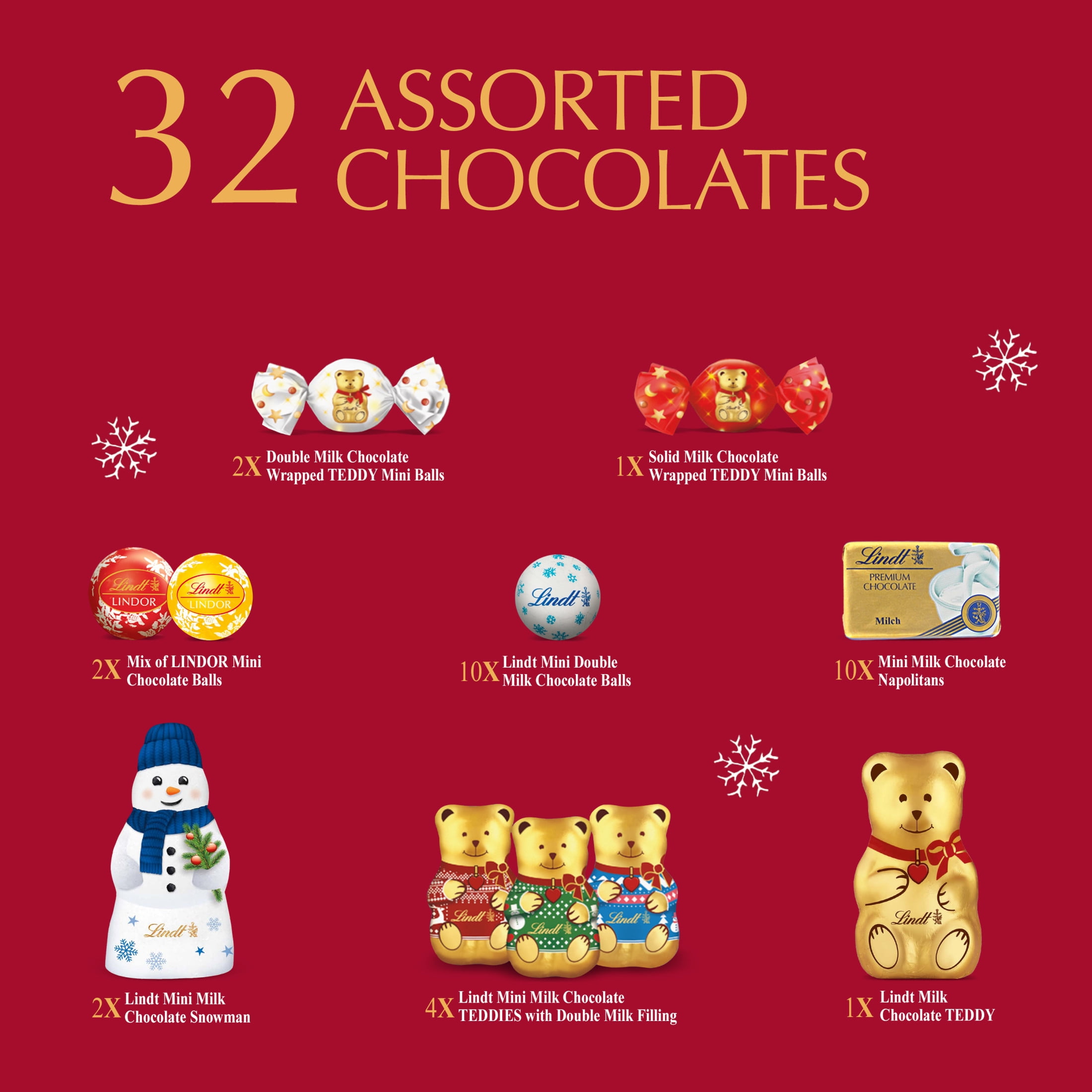Lindt Teddy Christmas Advent Calendar Assorted Chocolate Candy Box, 7.2 oz