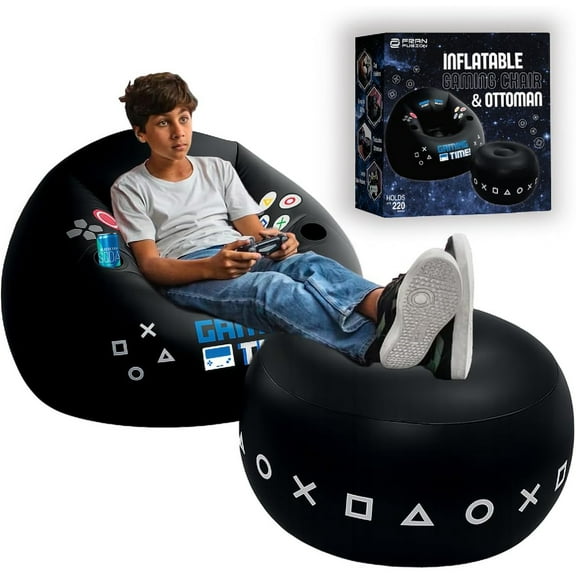 Inflatable Gaming Chair for Kids & Teens with Cup Holders and Side Pocket - This Air Bean Bag Game Chair is The Perfect Furniture for Gamer Room Décor (Gaming Time with Ottoman)