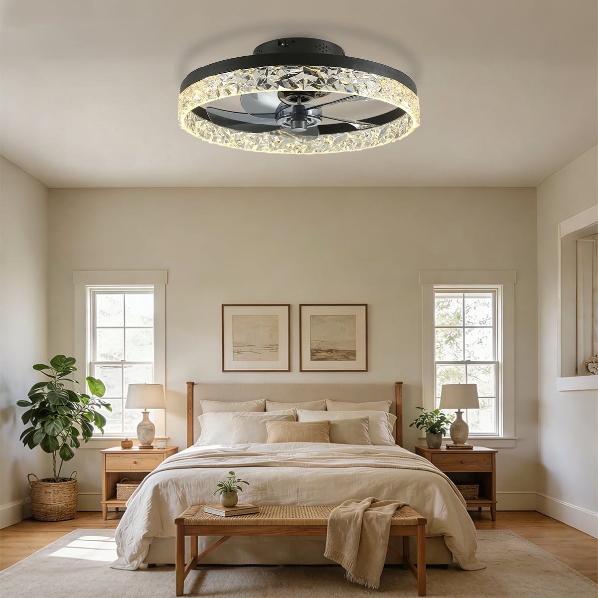 Ceiling Fans with Lights and Remote, 20'' Low Profile Ceiling Fans, 3000-6000K Dimmable Modern Flush Mount LED Fan Light, Fandelier Ceiling Fan for Bedroom, Kitchen, Living Room, Black